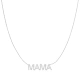 A Pavé MAMA Necklace in white gold on a cable chain on a white background. 