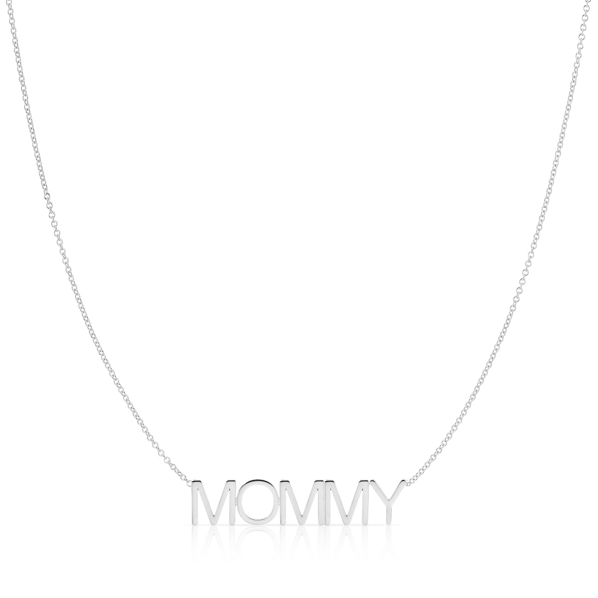 A MOMMY Necklace in white gold on a cable chain on a white background. 