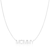 A MOMMY Necklace in white gold on a cable chain on a white background. 