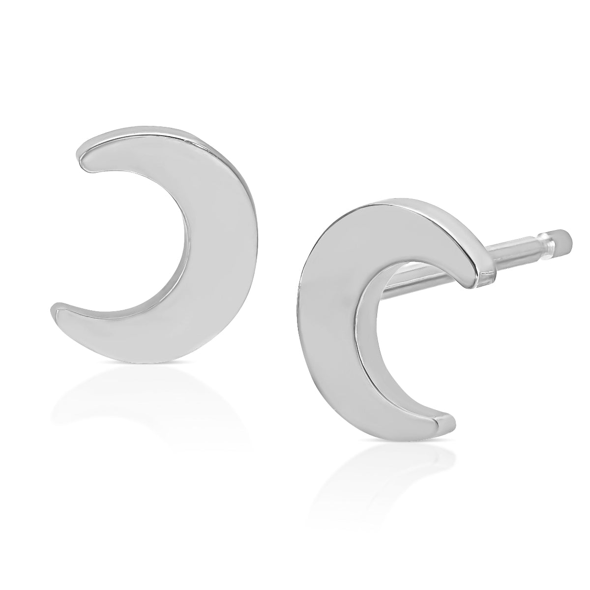 A pair of Charm Studs - Moon in white gold on a white background.