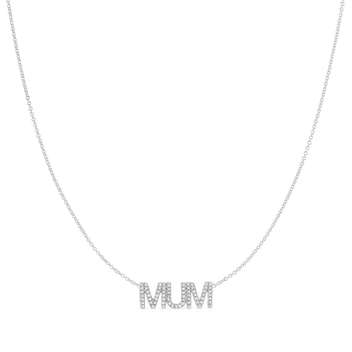 A Pavé MUM Necklace in white gold on a cable chain on a white background. 