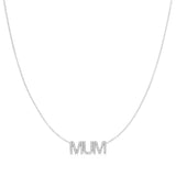 A Pavé MUM Necklace in white gold on a cable chain on a white background. 
