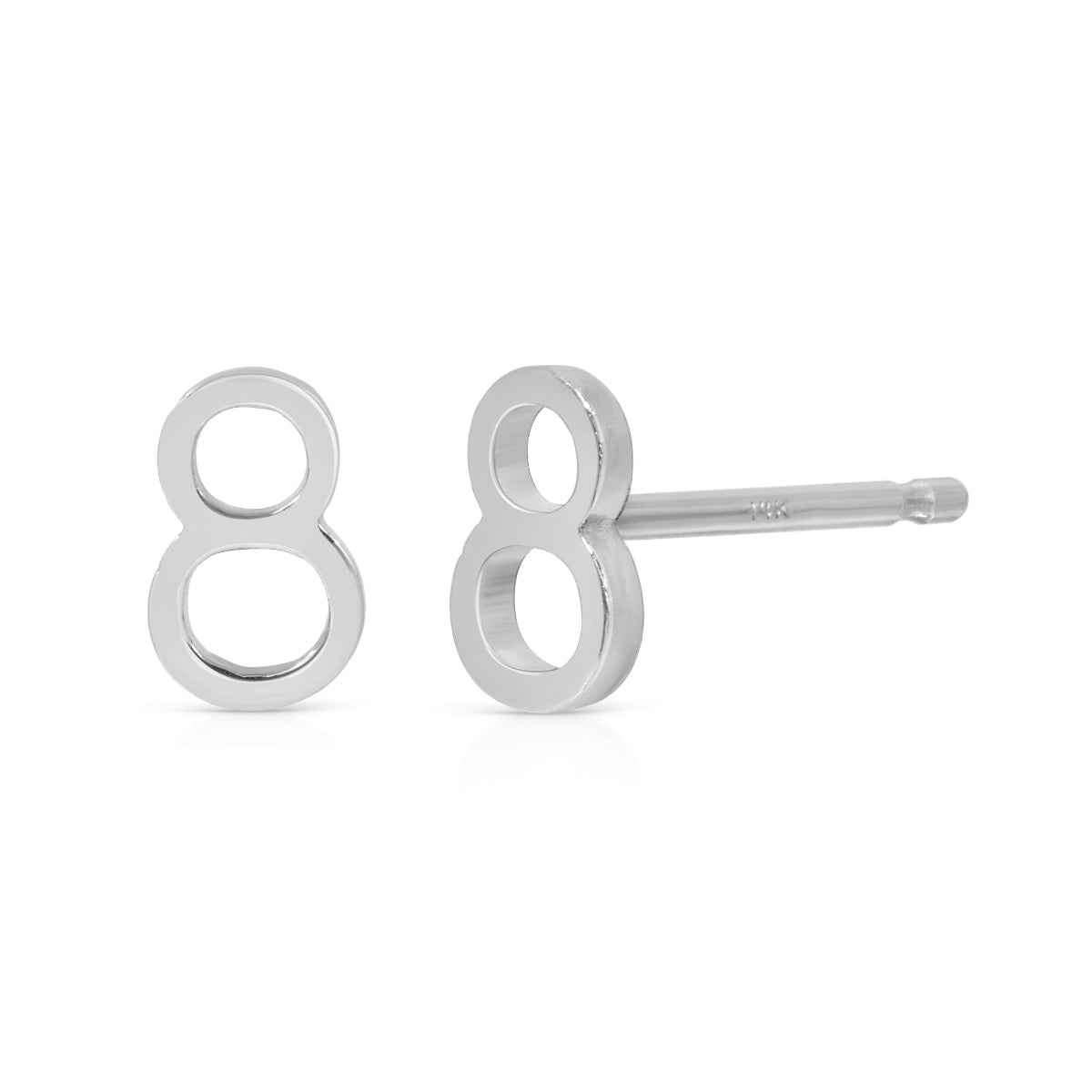 A pair of 14K Gold Number Studs in 8 and white gold on a white background. 