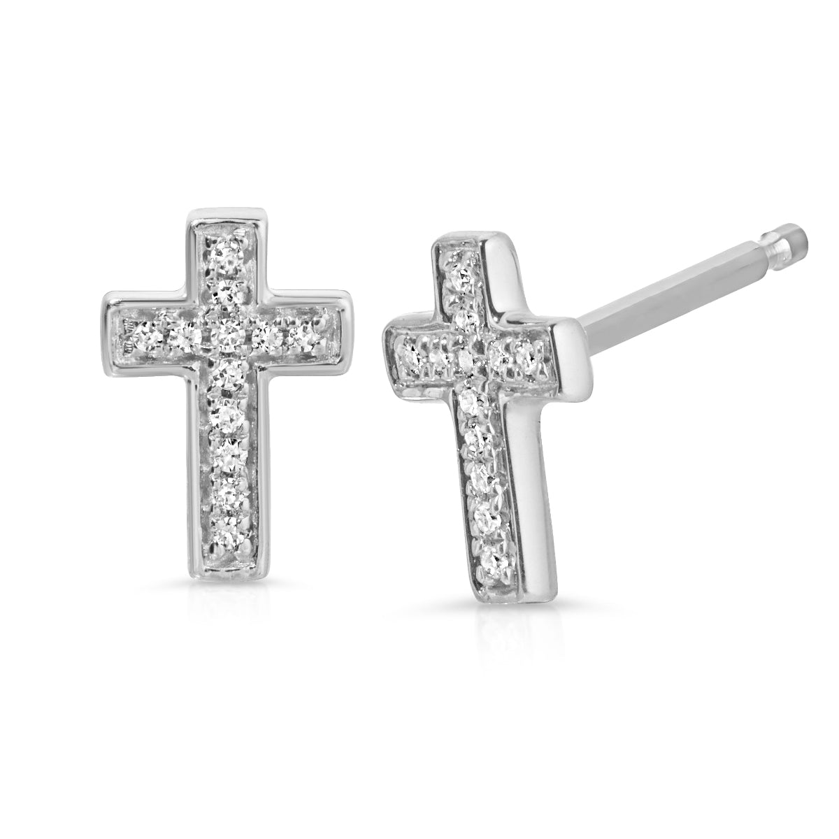 A pair of Pavé Charm Studs - Cross in white gold on a white background. 