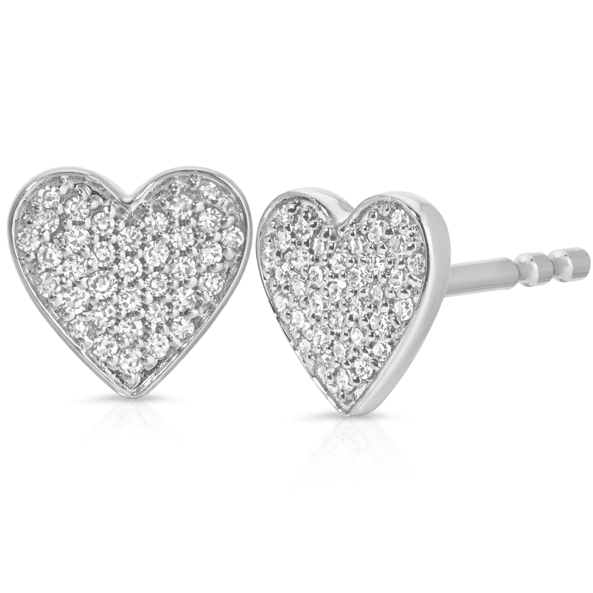 A pair of Pavé Charm Studs - Heart in white gold on a white background. 