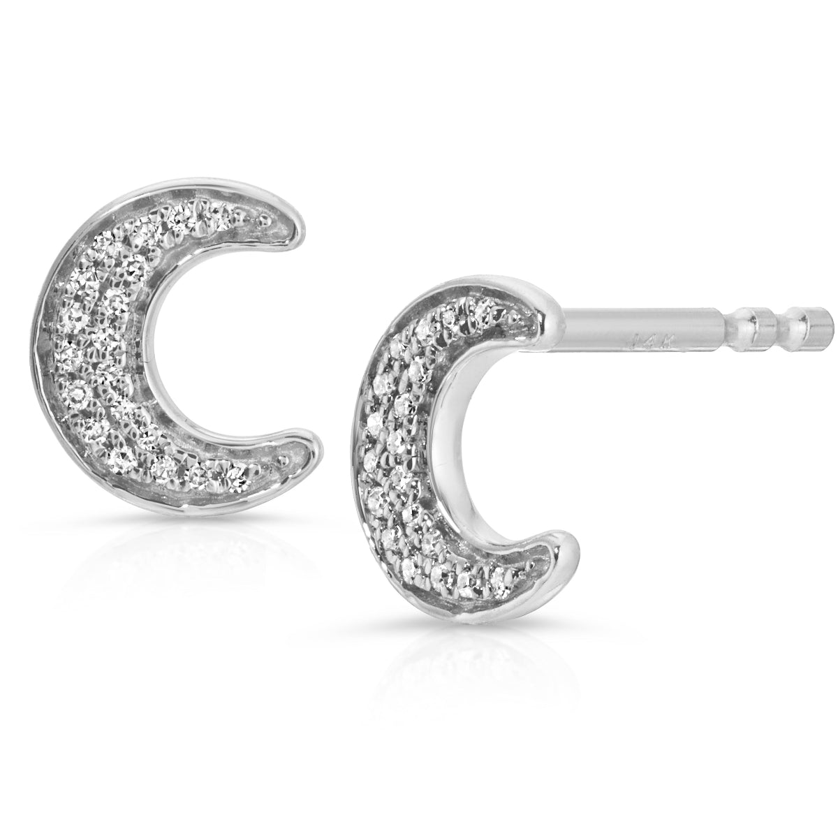A pair of Pavé Charm Studs - Moon in white gold on a white background.