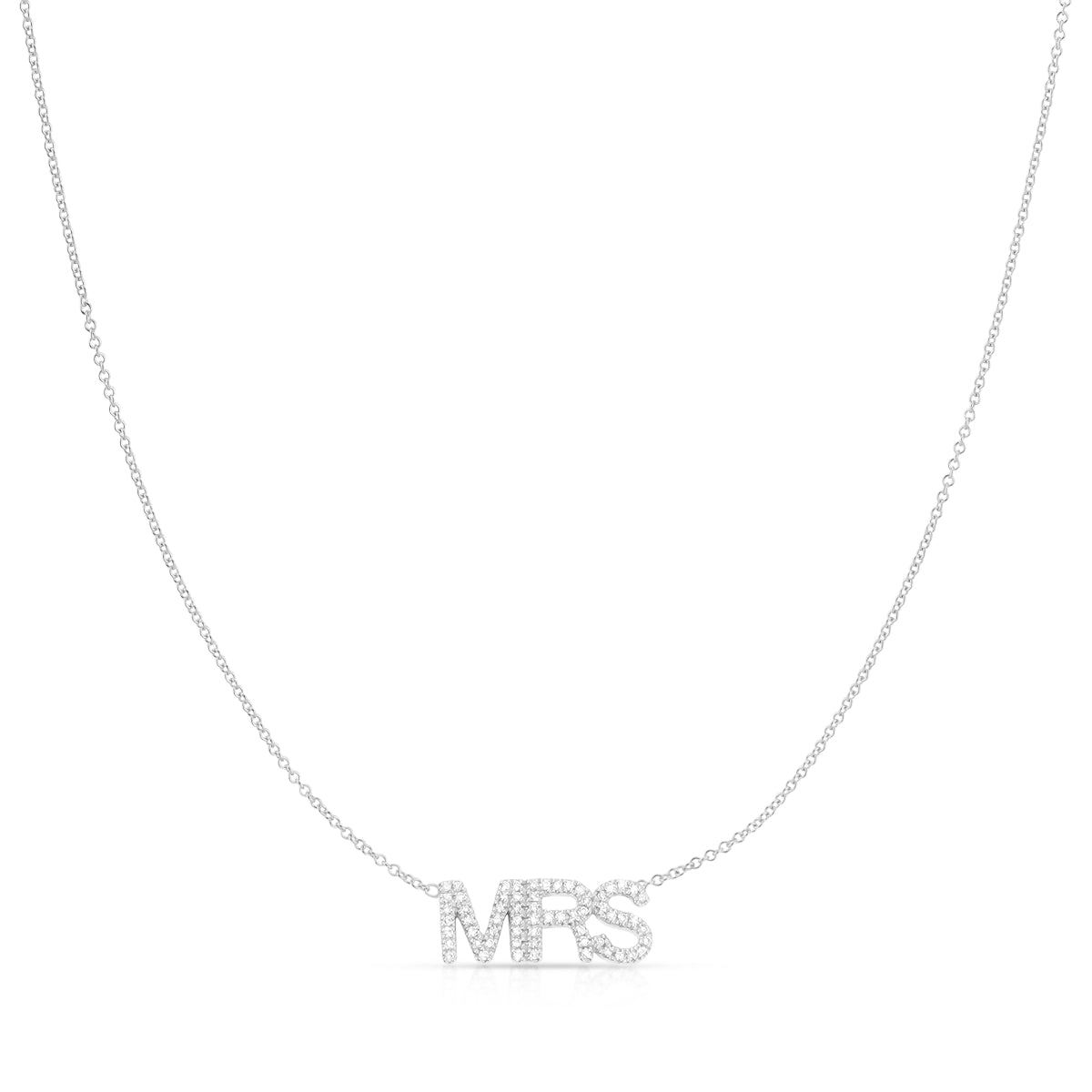 A Pavé MRS Necklace in white gold with a cable chain on a white background. 