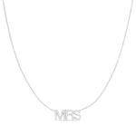 A Pavé MRS Necklace in white gold with a cable chain on a white background. 