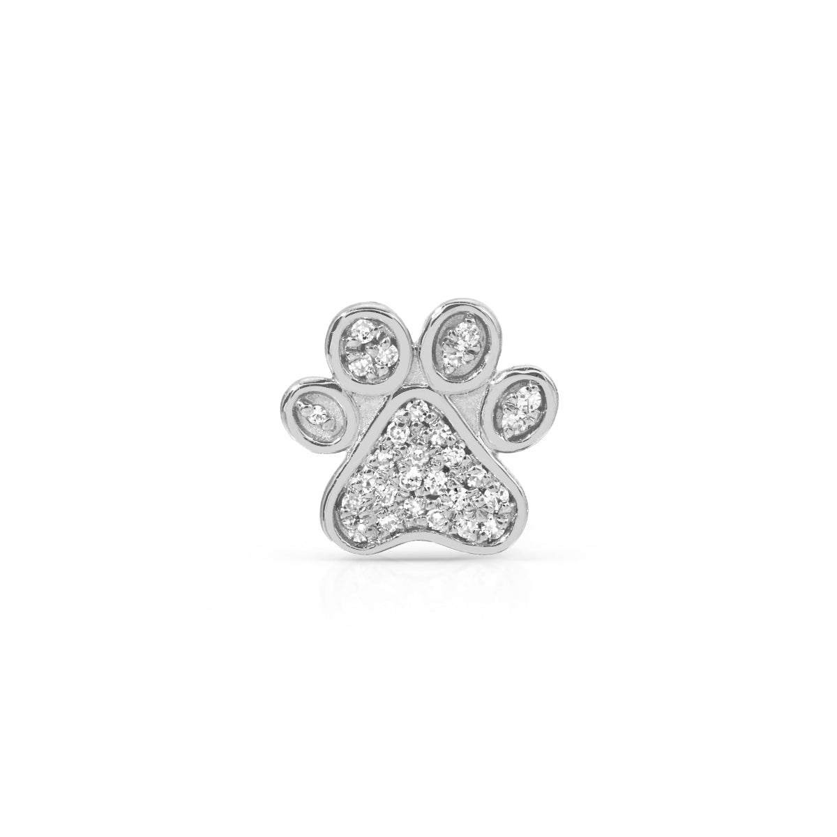 A Pavé Charm Stud - Paw in white gold on a white background.