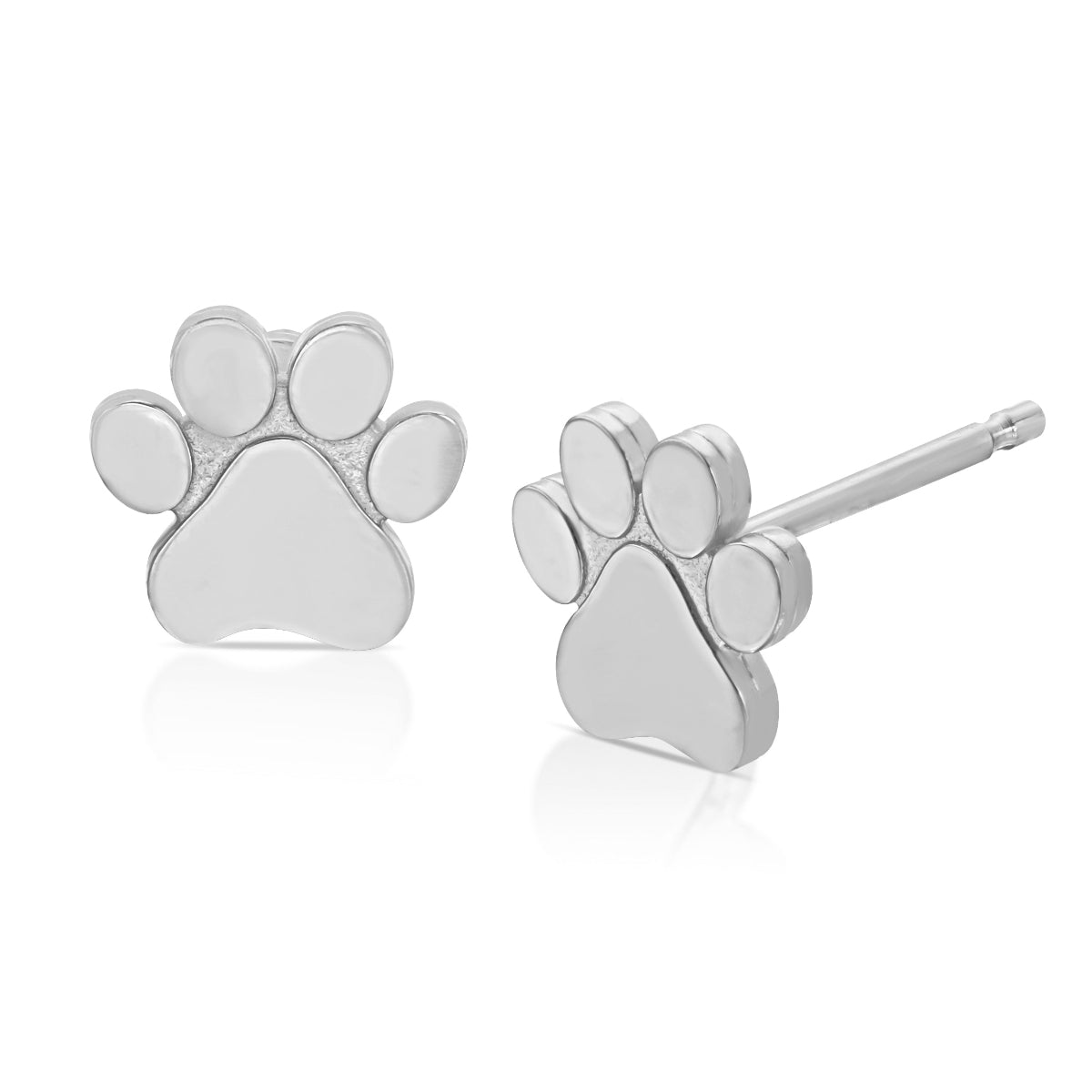A pair of Charm Studs - Paw in white gold on a white background. 