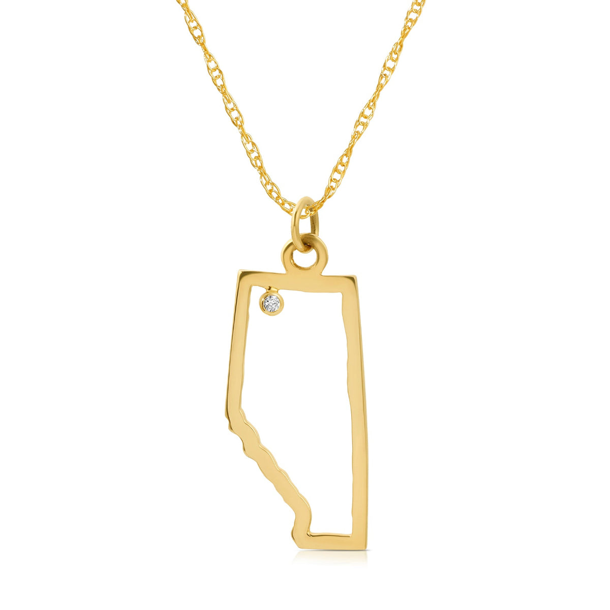 An Alberta necklace in yellow gold with a diamond on a white background. 