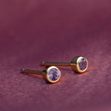 A pair of Birthstone Stud - Amethyst (February) in yellow gold against a dark purple background. 
