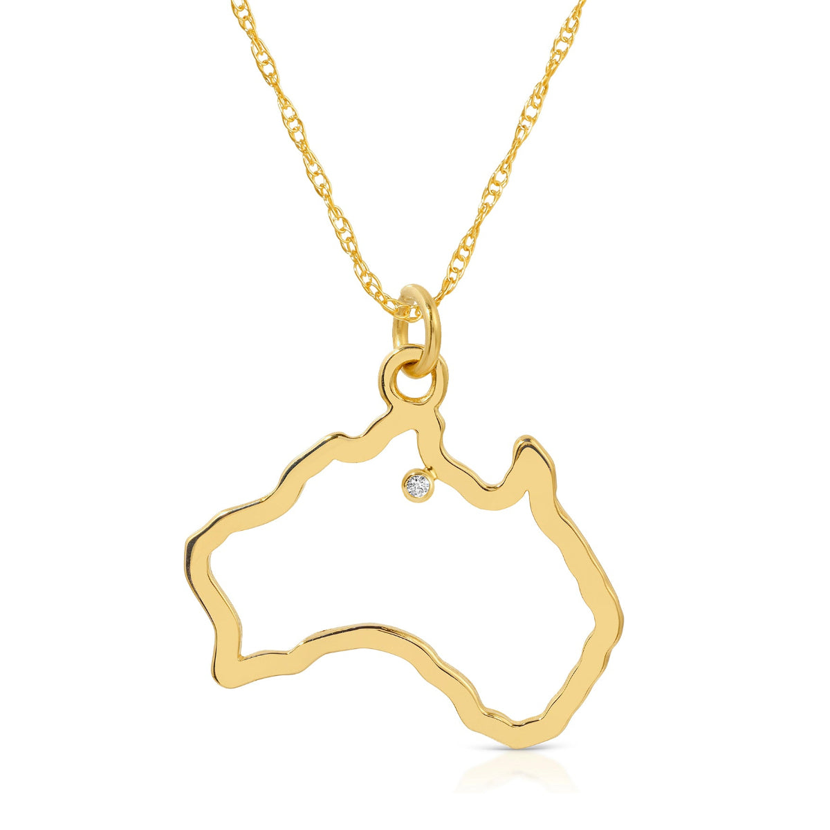 An Australia necklace in yellow gold with a diamond on a white background. 