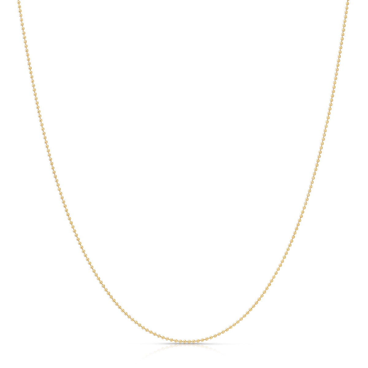 A Classic Bead Chain in yellow gold on a white background. 