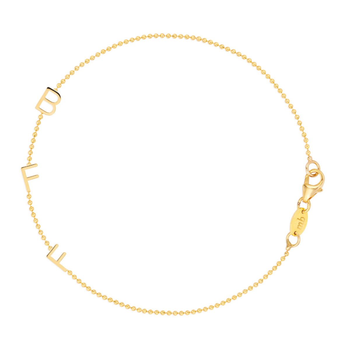 A yellow gold BFF Bracelet in a beaded chain bracelet on a white background. 