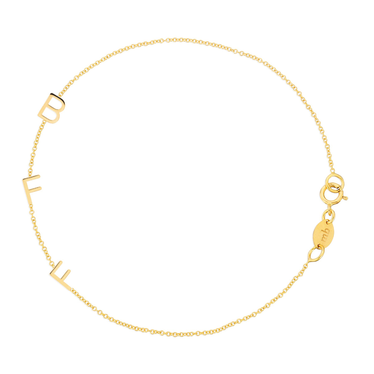 A yellow gold BFF Bracelet in a cable chain bracelet on a white background. 