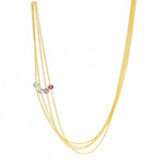 Four yellow gold 14K Gold Asymmetrical Birthstone Necklaces - Diamond (April), Aquamarine (March) and Tanzanite (December) and Garnet (January) on a white background. 