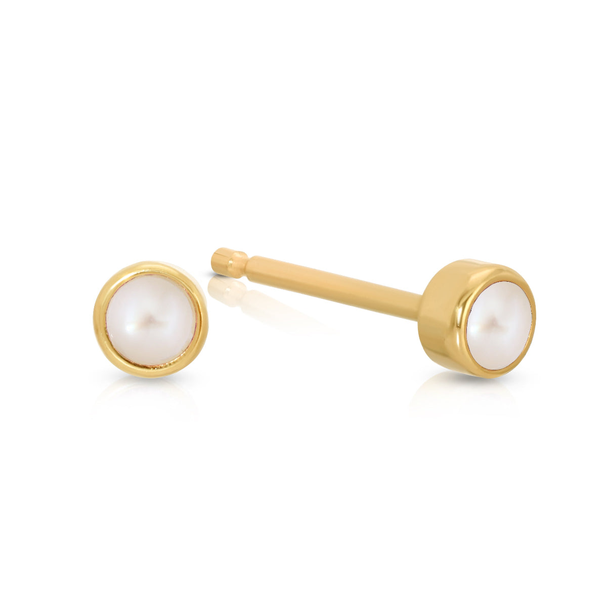A pair of Birthstone Studs - Pearl (June) in yellow gold on a white background.