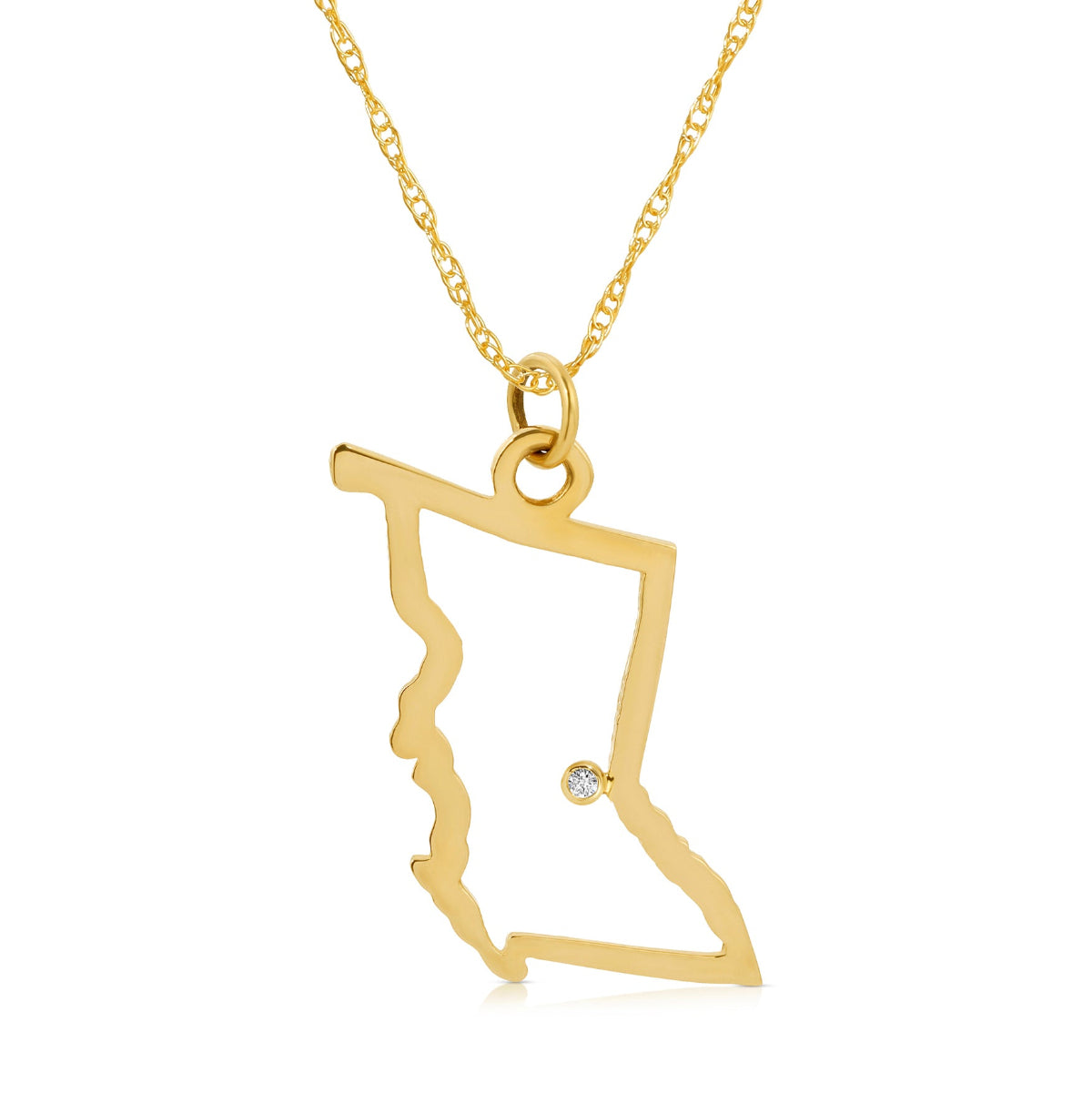 A British Columbia pendant necklace in yellow gold with a diamond on a white background.