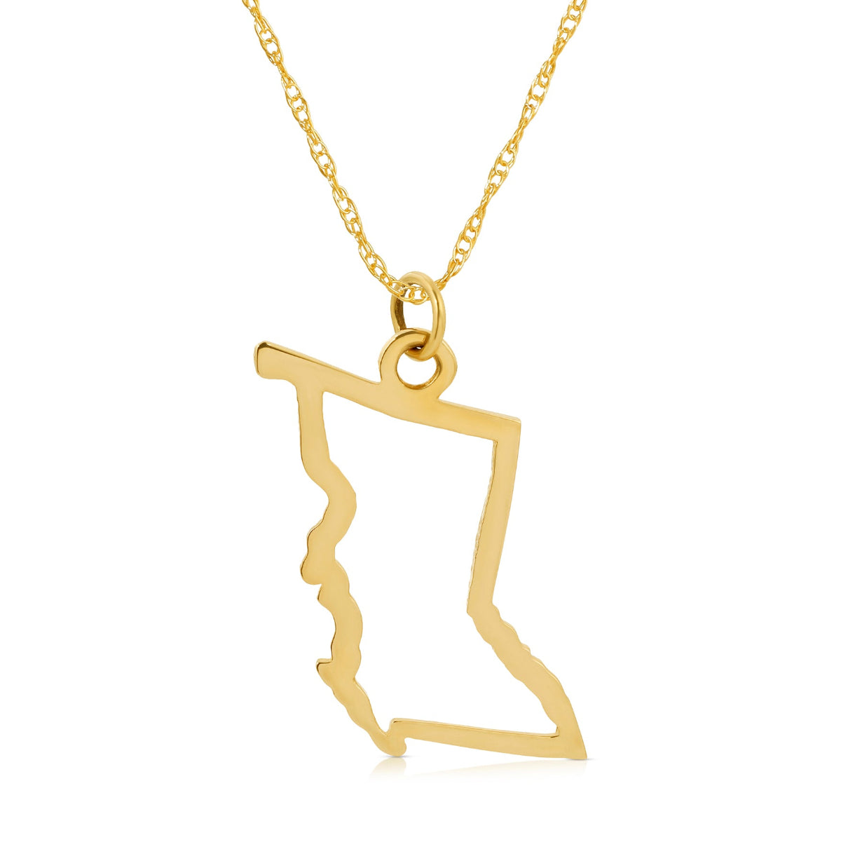 A British Columbia pendant necklace in yellow gold on a white background.  