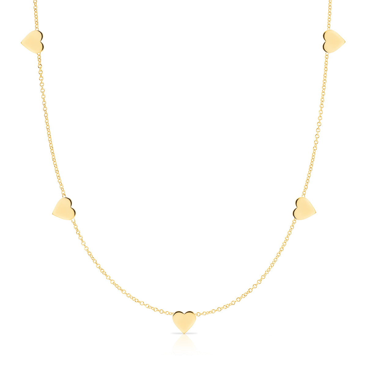 The 5 of Hearts Necklace in yellow gold on a white background. 