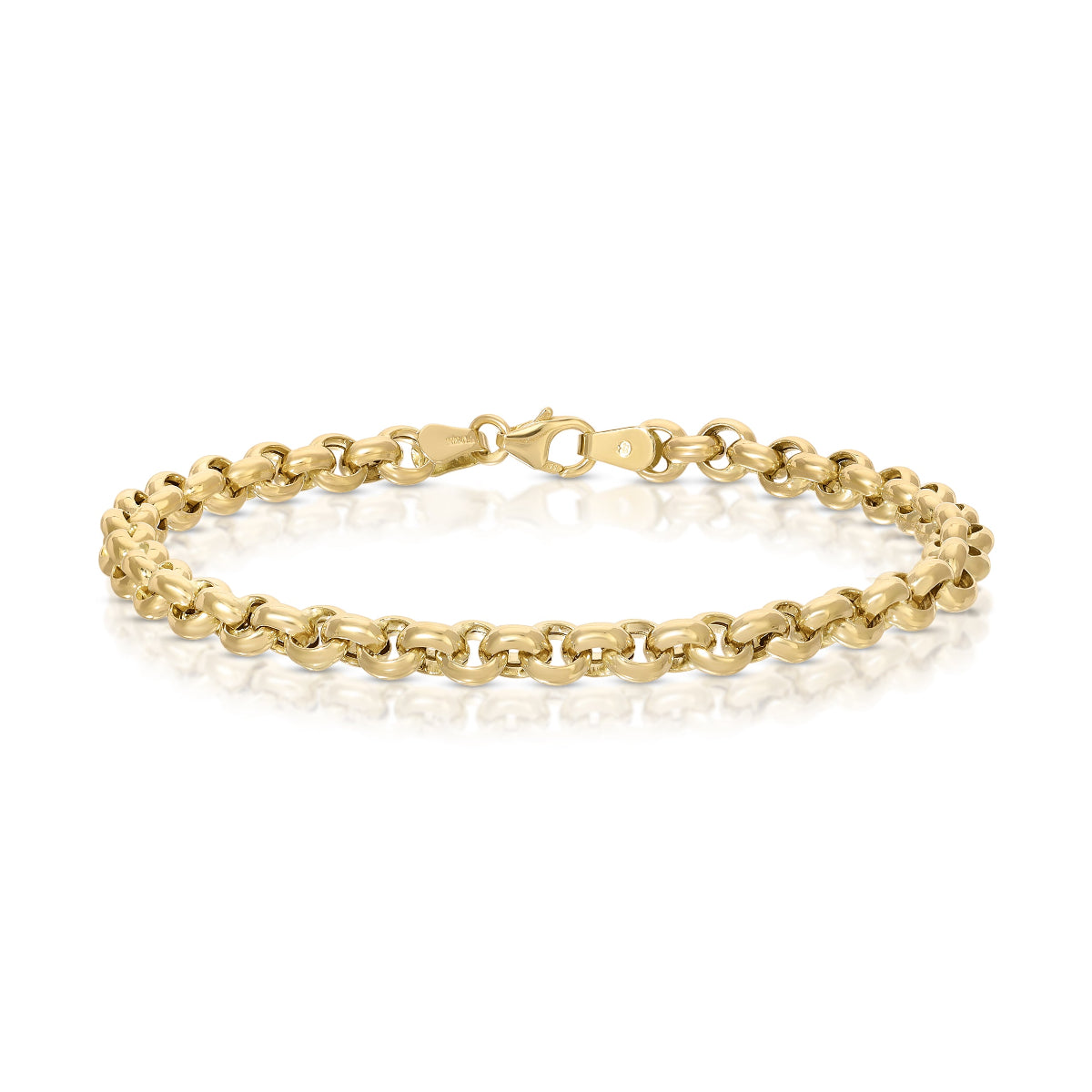 A Rolo Bracelet in yellow gold against on a white background. 