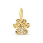 Gold paw print pendant with embedded diamonds on a white background