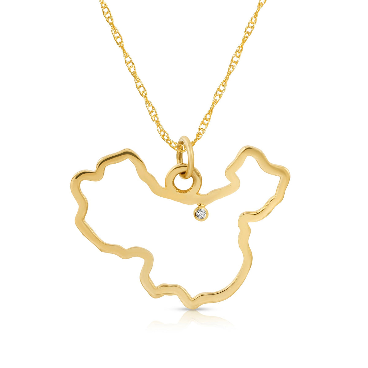 A China pendant necklace in yellow gold with a diamond on a white background.