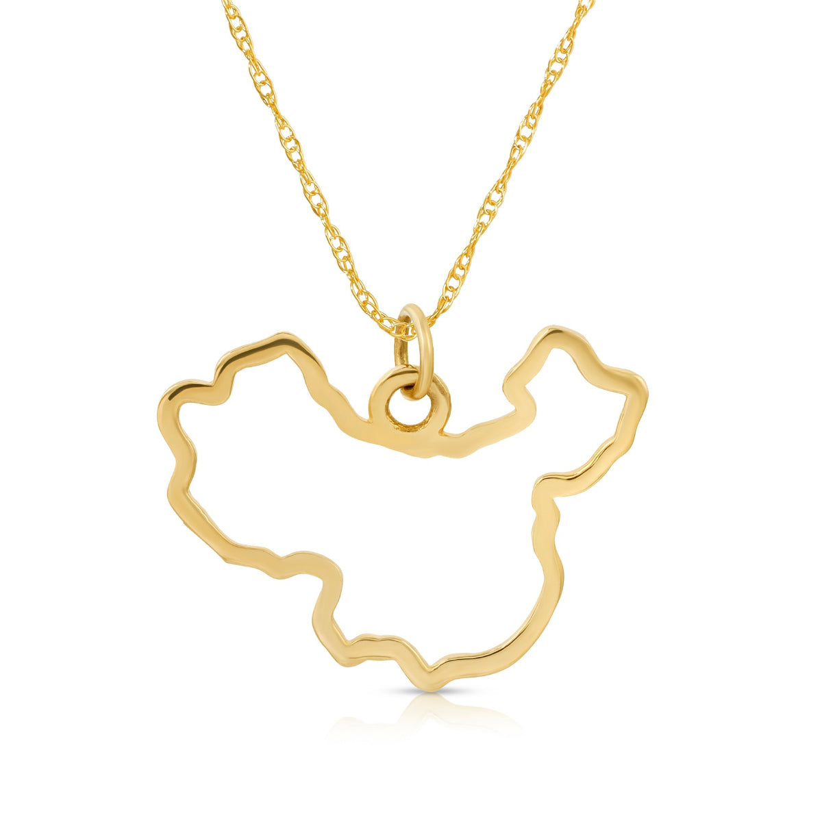 A China pendant necklace in yellow gold on a white background.  