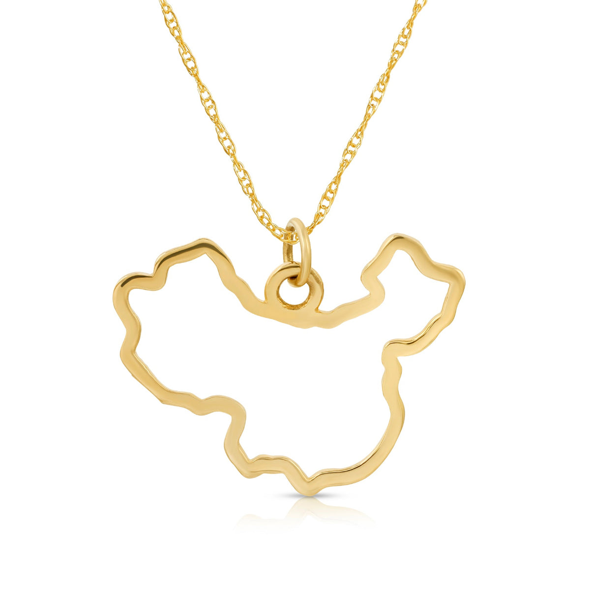 A China pendant necklace in yellow gold on a white background.  
