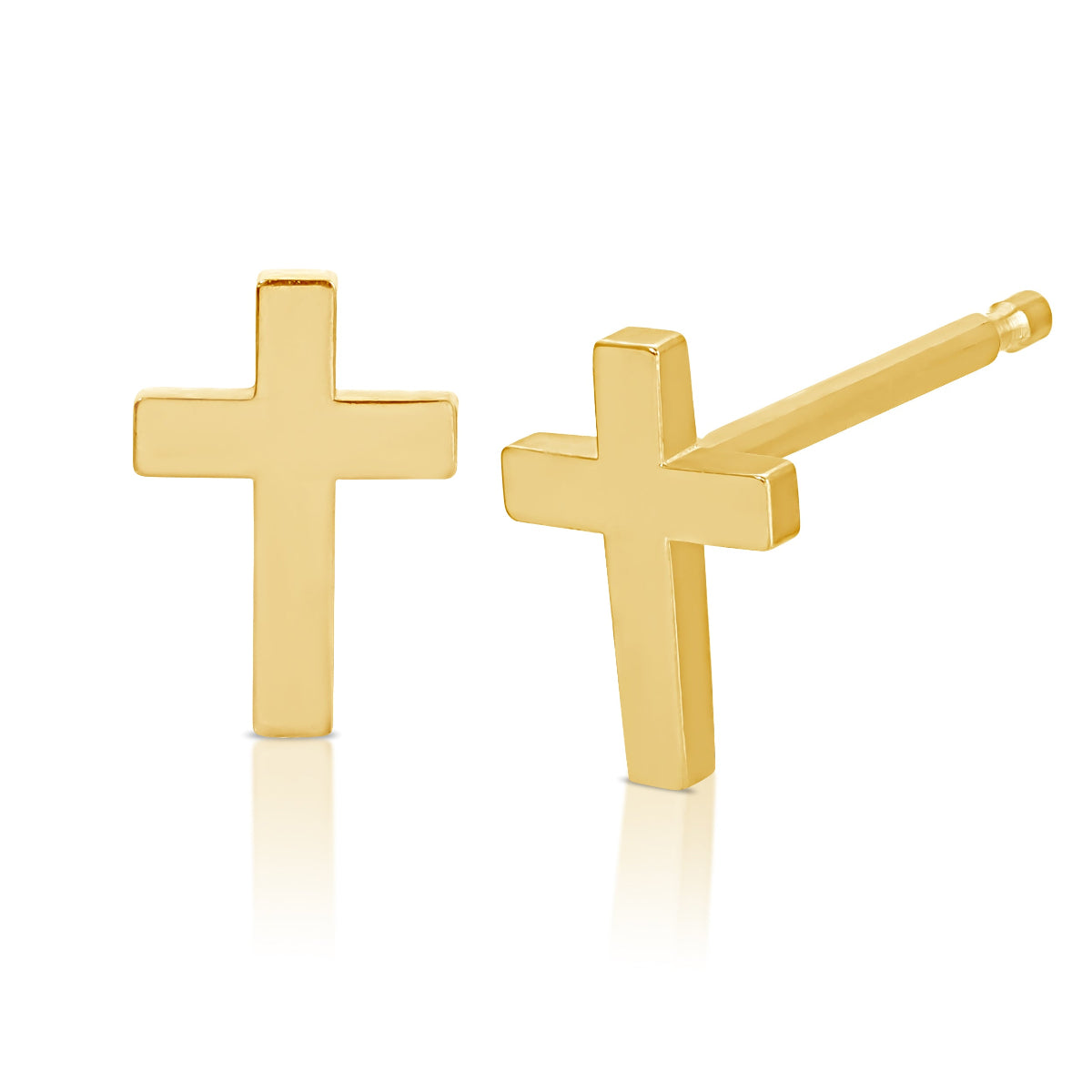 A pair of Charm Studs - Cross in yellow gold on a white background. 