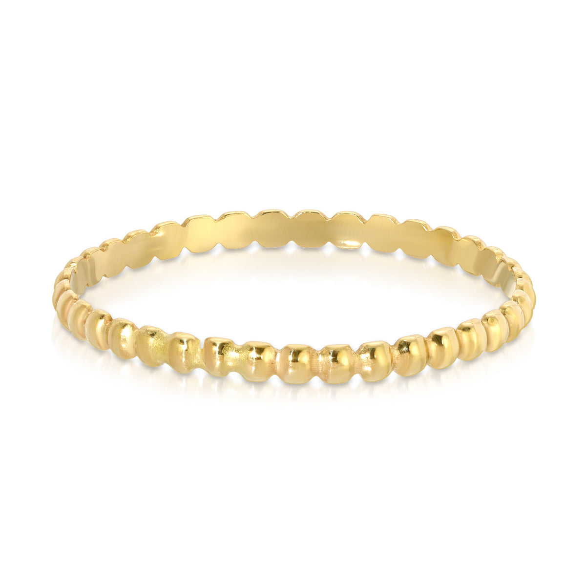 A Delicate Beaded Band in yellow gold on a white background. 