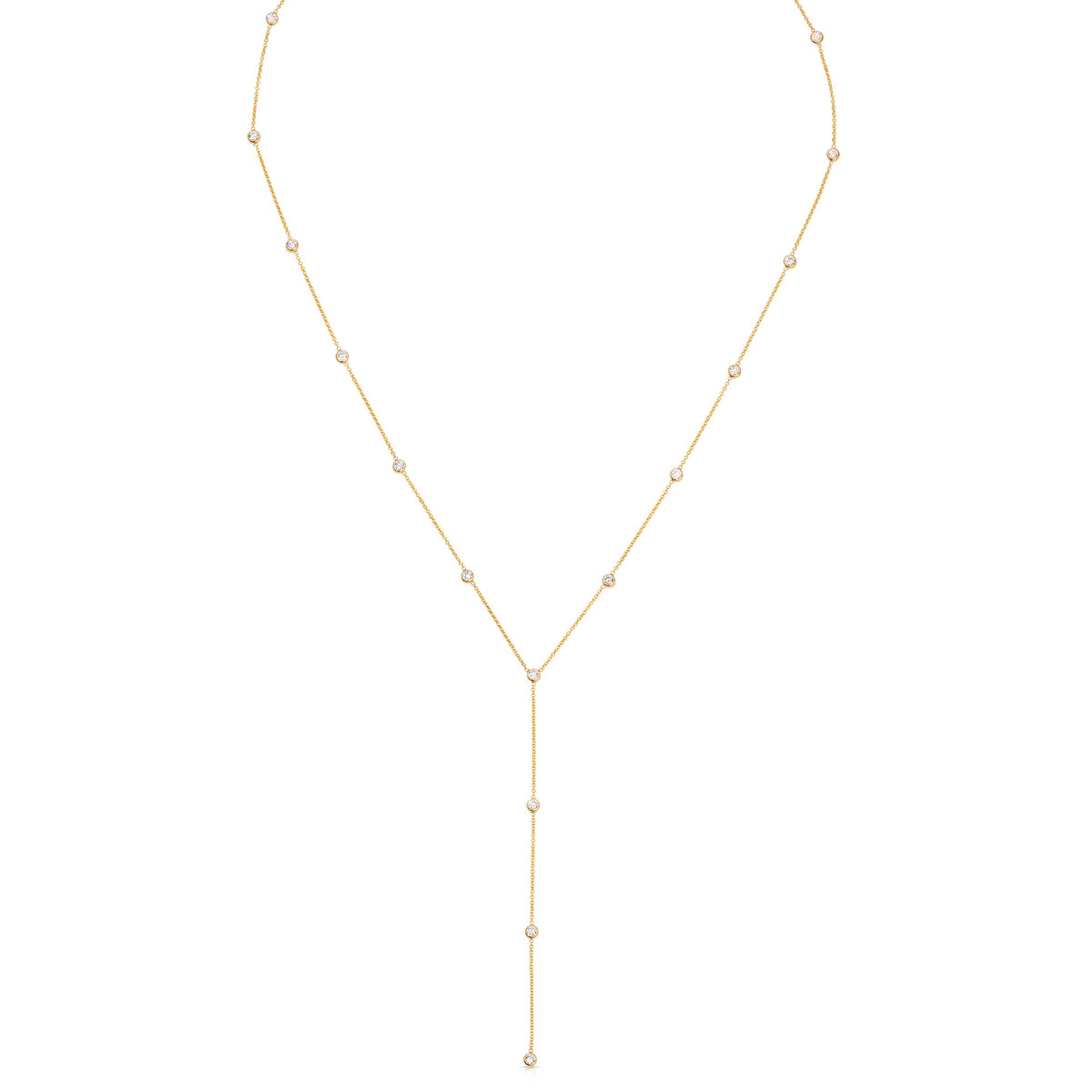 A Starstruck Diamond Lariat in yellow gold on a white background. 
