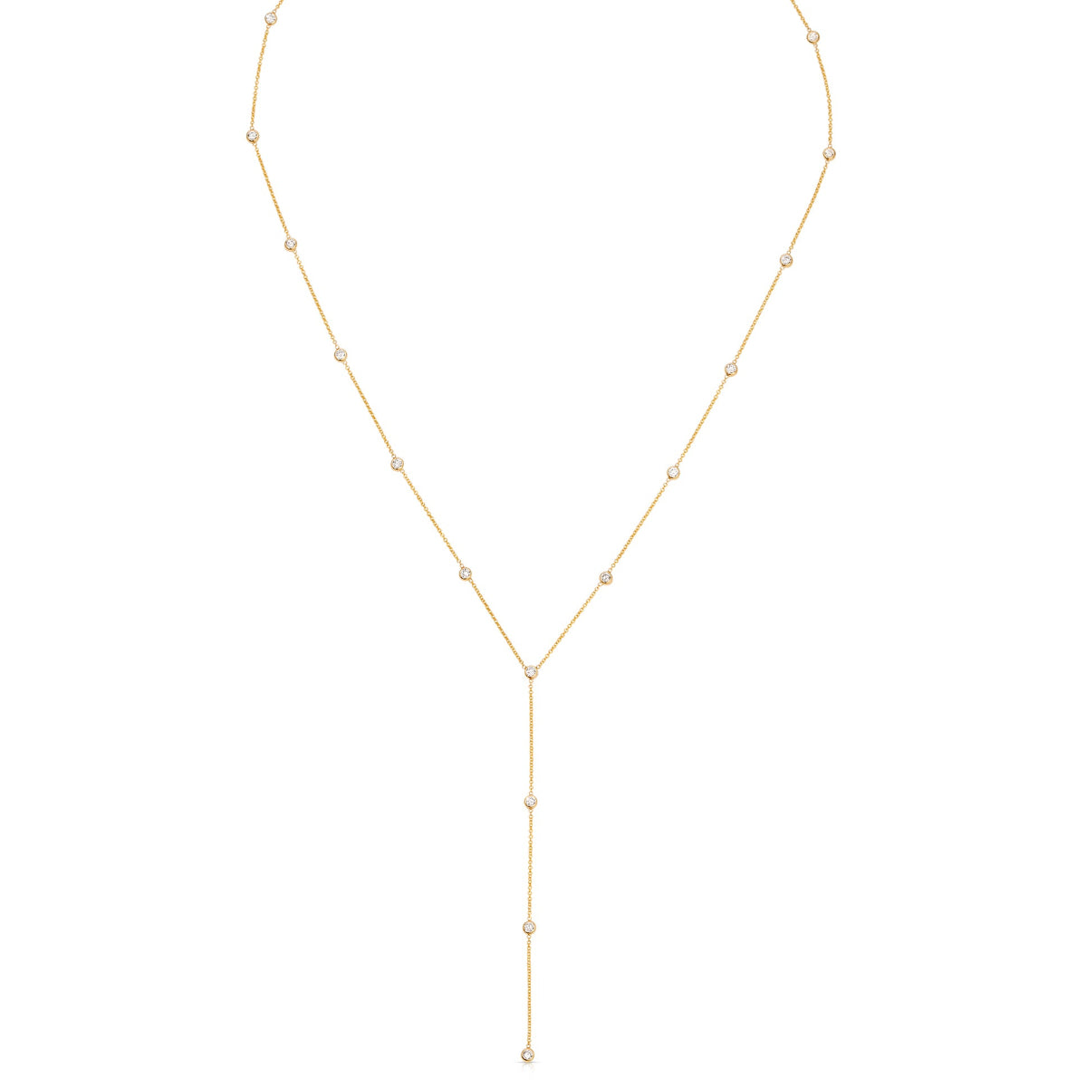 A Starstruck Diamond Lariat in yellow gold on a white background. 