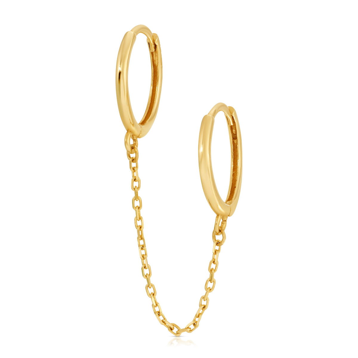 Double Huggie Earring with Chain on a white background. 