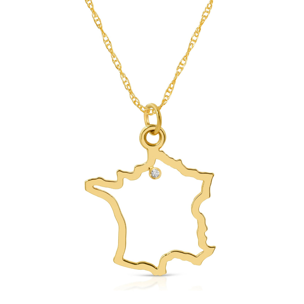 A France pendant necklace in yellow gold with a diamond on a white background.