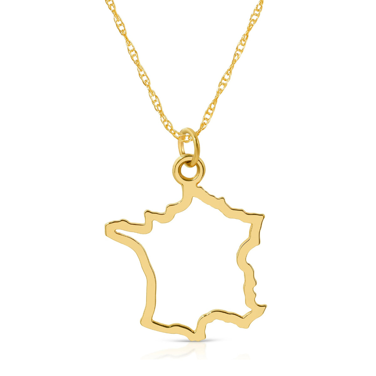 A France pendant necklace in yellow gold on a white background.  