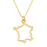 A France pendant necklace in yellow gold on a white background.  