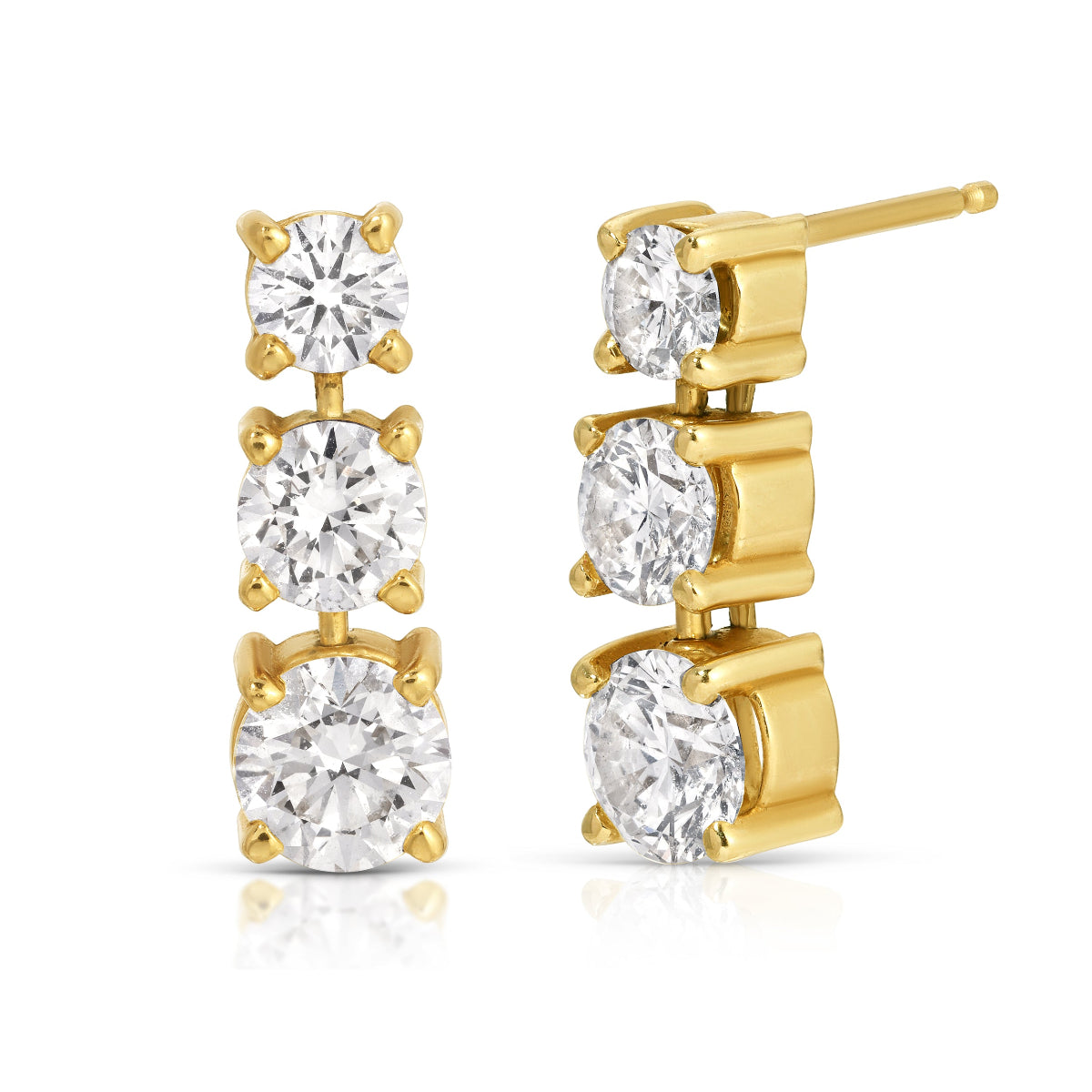 A Triple Sec Diamond Earring in yellow gold on a white background. 