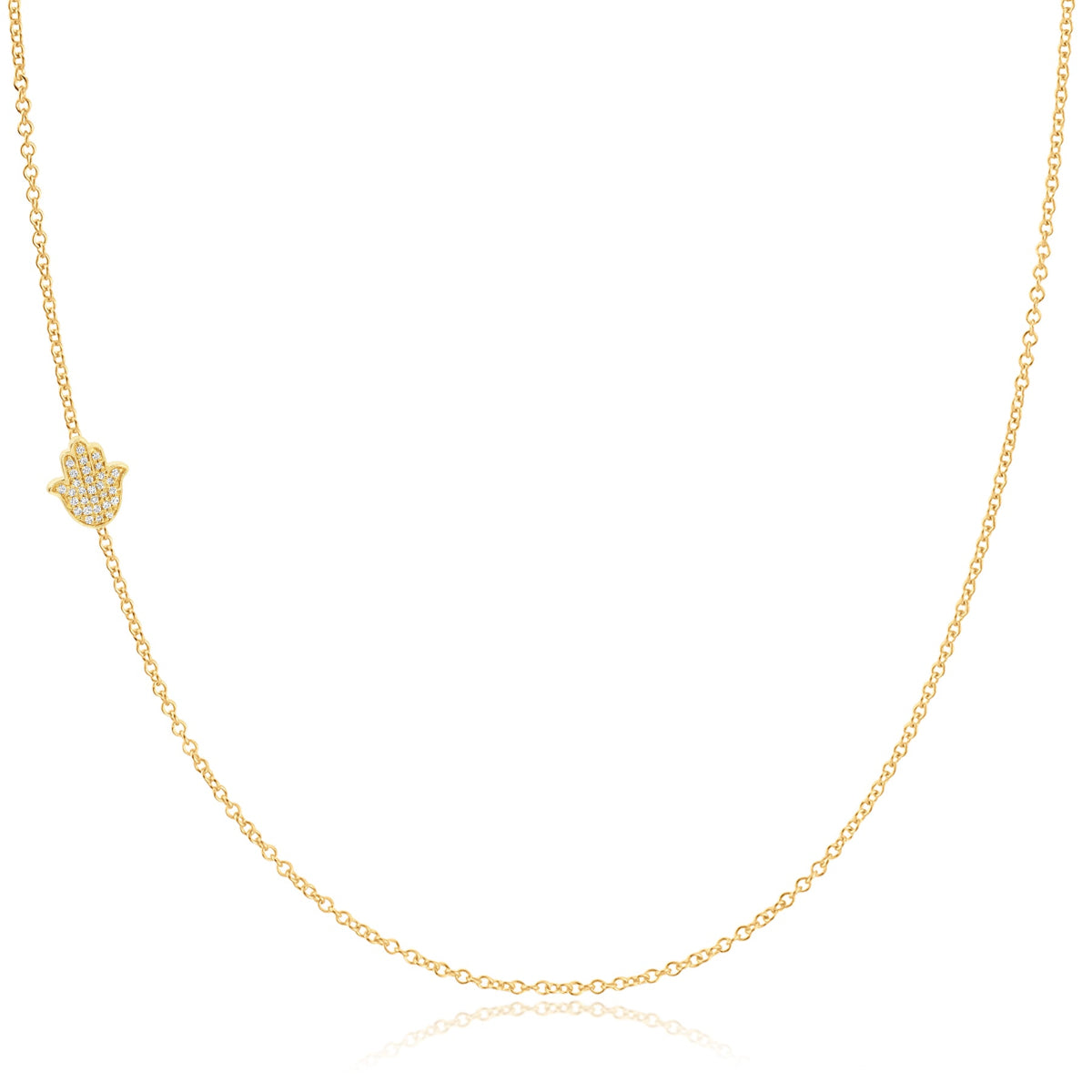 A yellow gold 14k Gold Asymmetrical Charm Necklace - Pavé Hamsa with cable chain on a white background. 