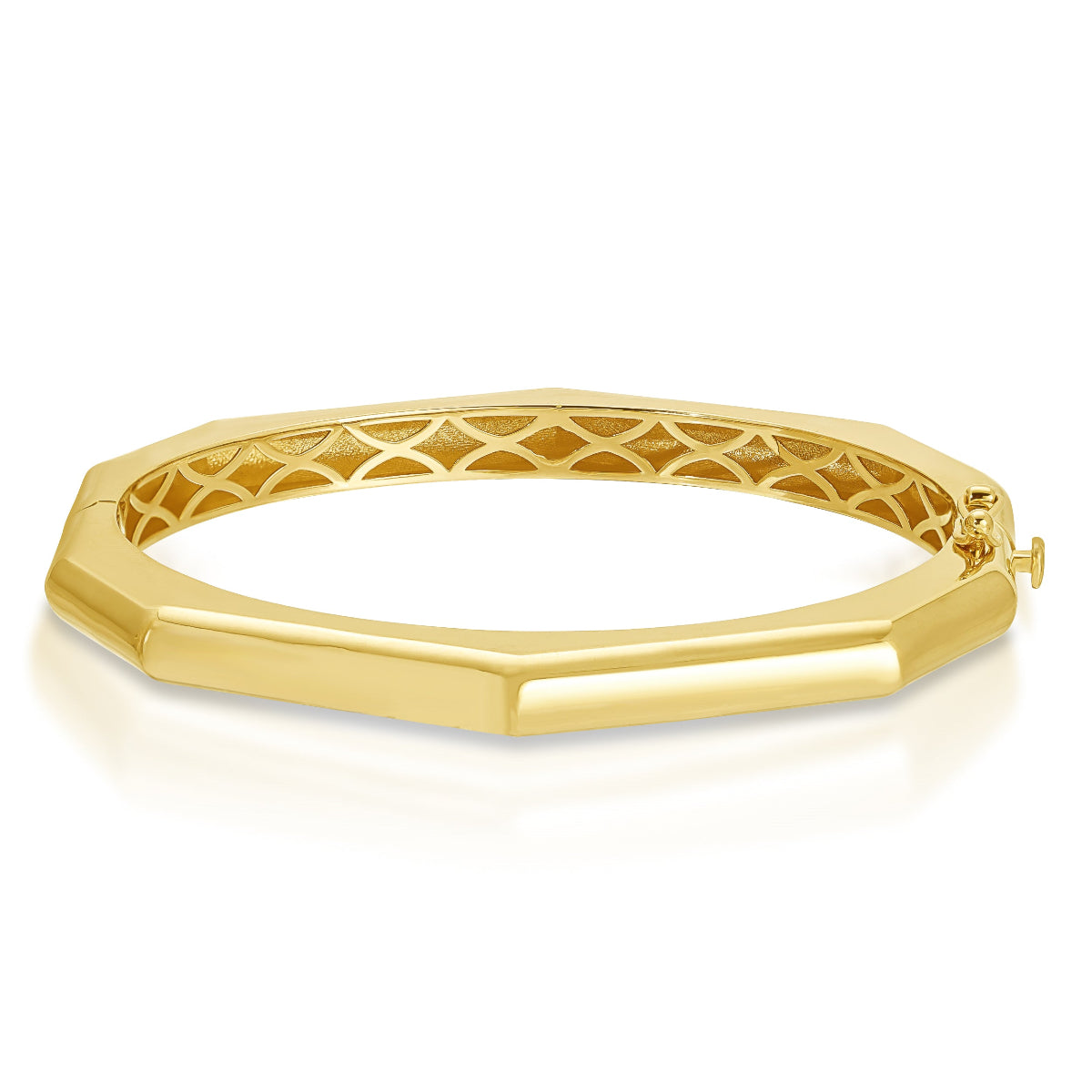 A yellow gold Tenfold Hinge Bangle on a white background. 