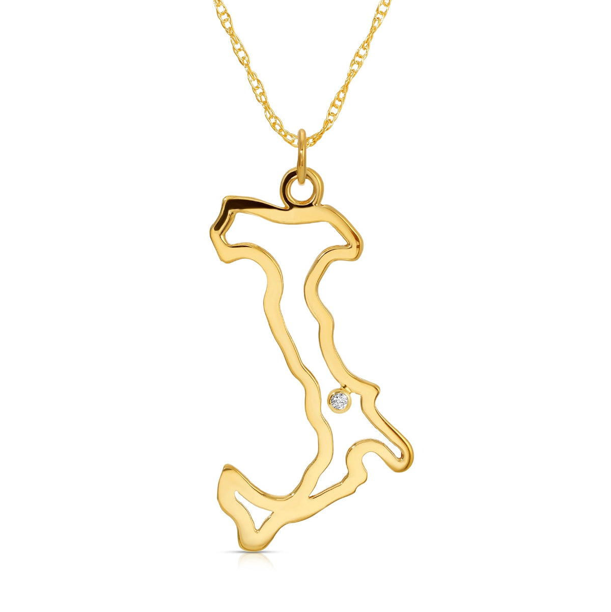 An Italy pendant necklace in yellow gold with a diamond on a white background.