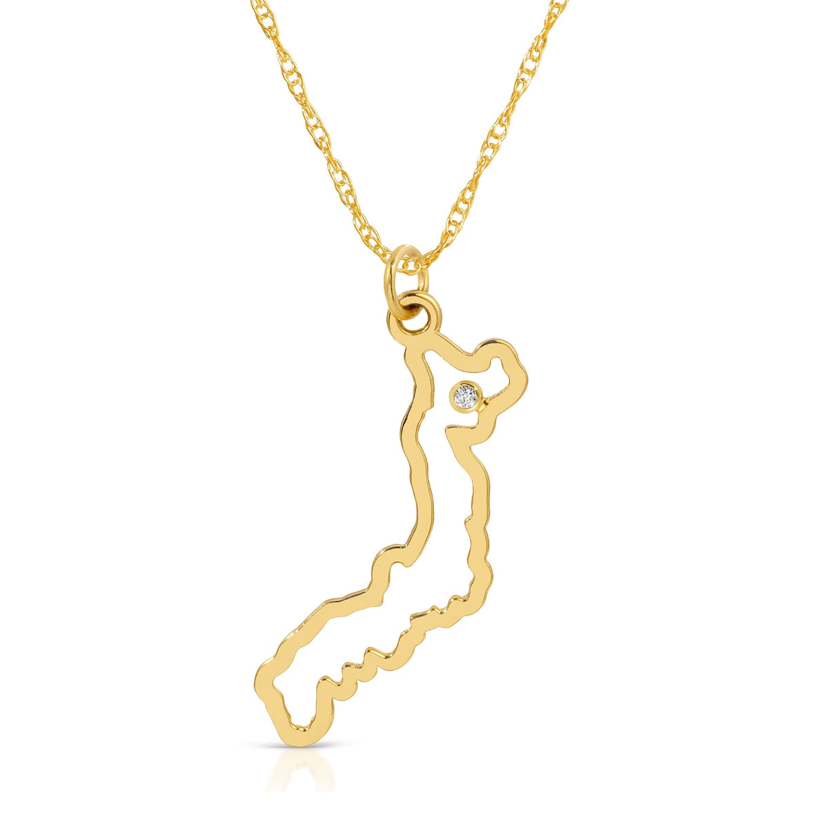 A Japan pendant necklace in yellow gold with a diamond on a white background.
