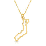 A Japan pendant necklace in yellow gold with a diamond on a white background.