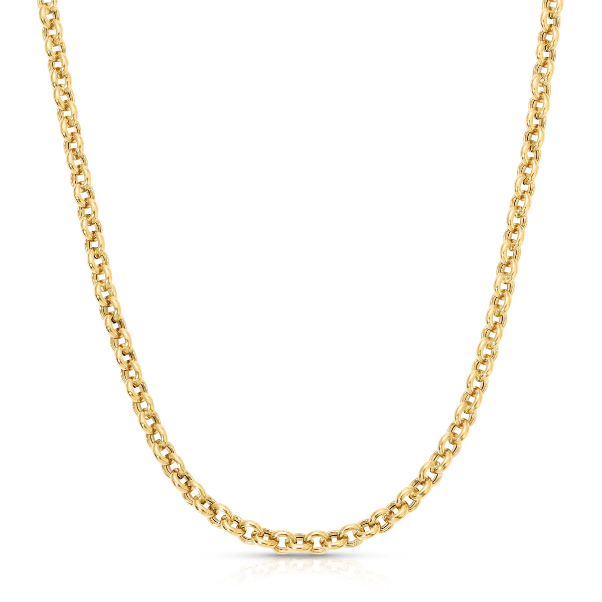 A yellow gold Rolo Necklace on a white background. 