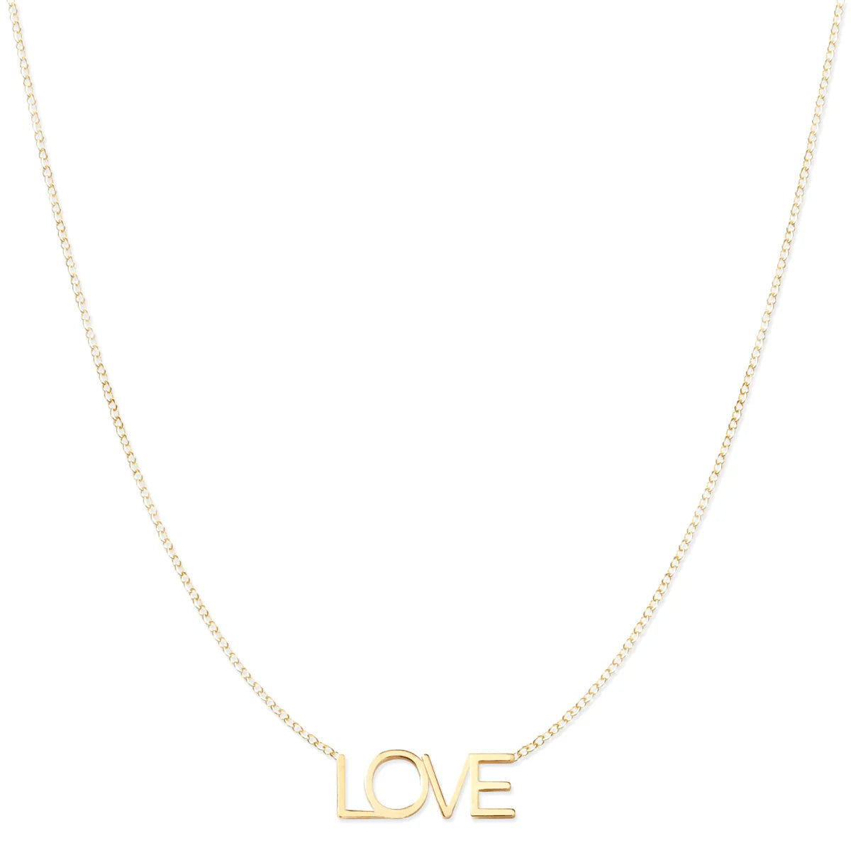 A LOVE Necklace in yellow gold on a cable chain on a white background. 