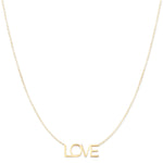 A LOVE Necklace in yellow gold on a cable chain on a white background. 