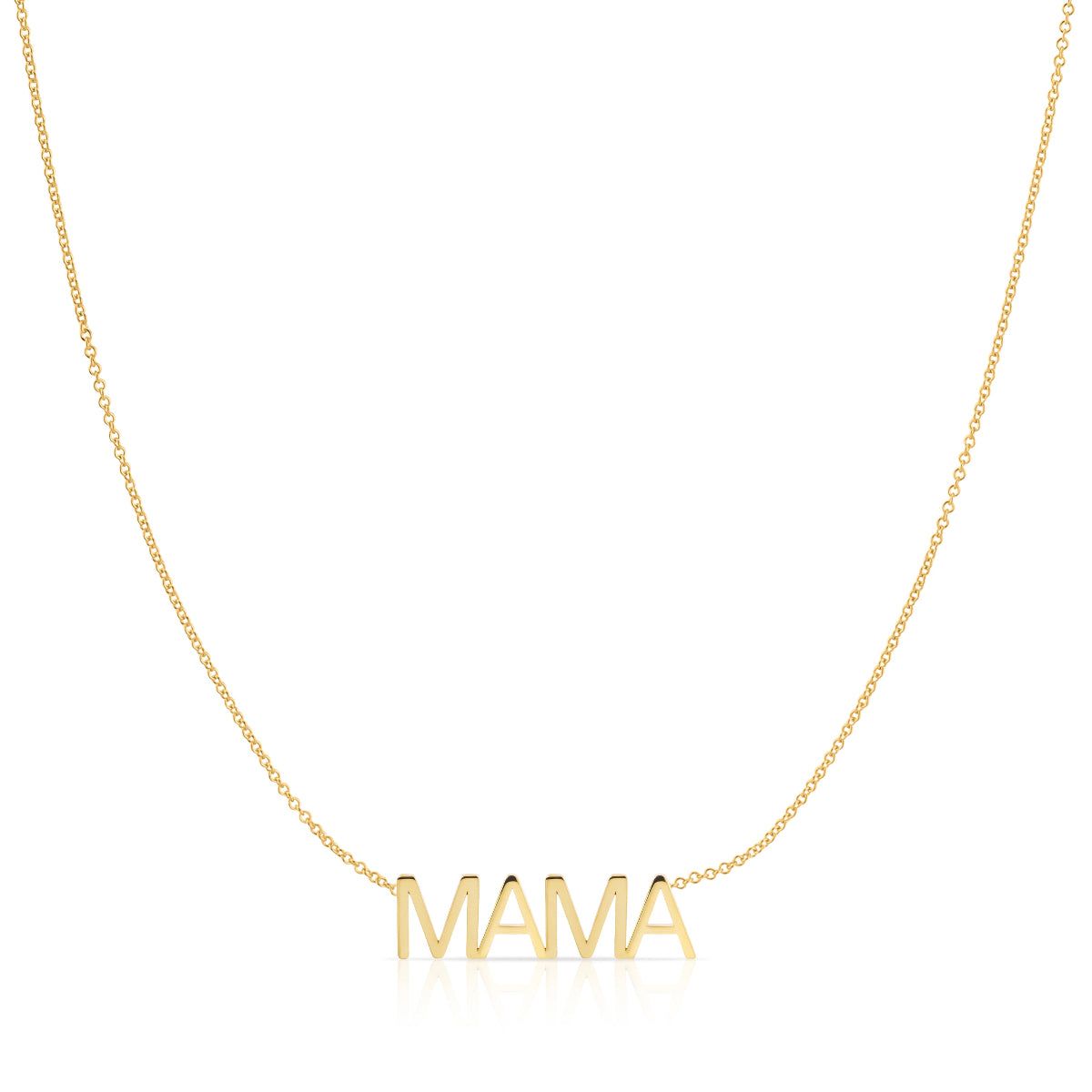 A MAMA Necklace in yellow gold on a white background. 