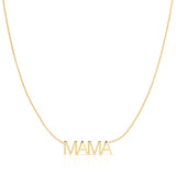 A MAMA Necklace in yellow gold on a white background. 