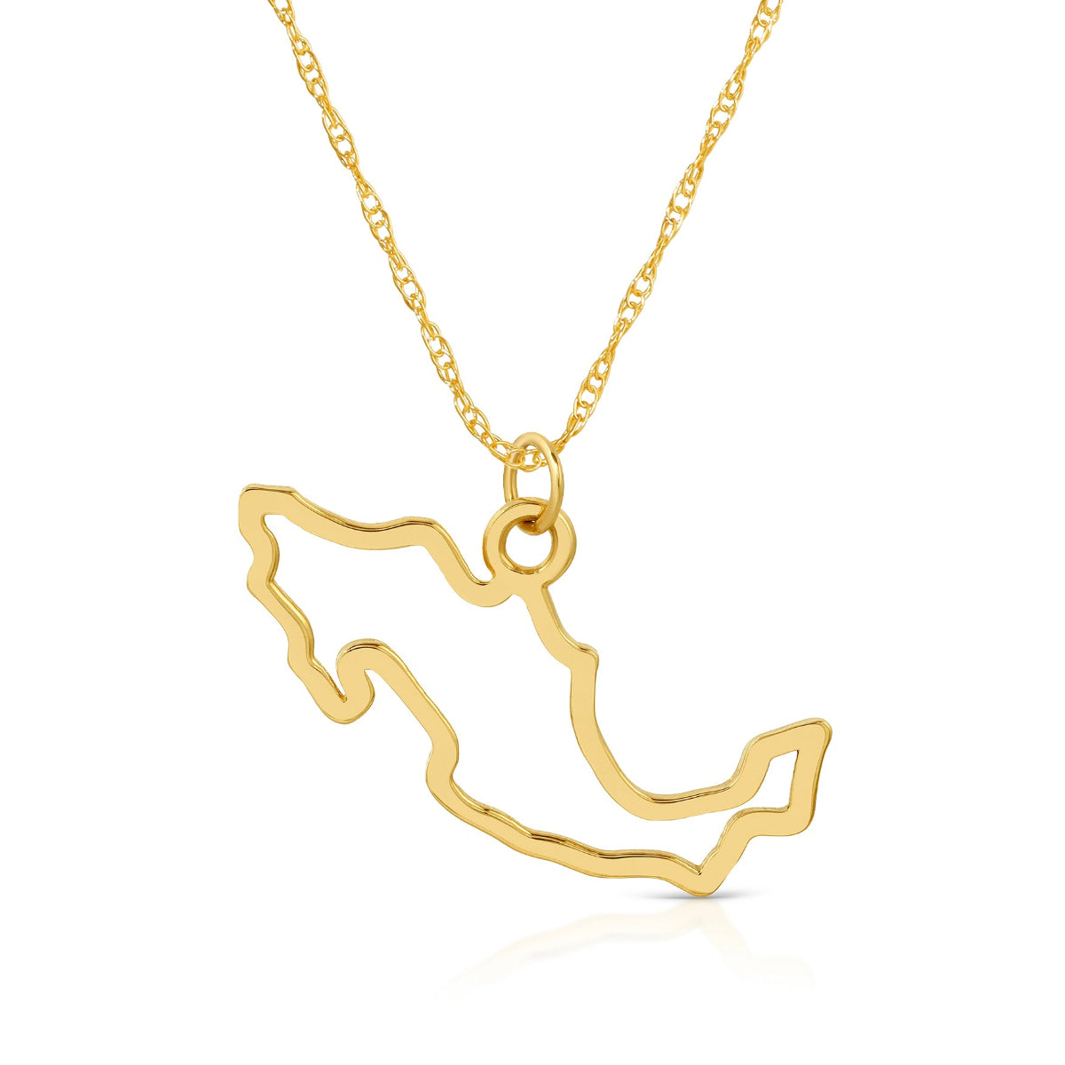A Mexico pendant necklace in yellow gold on a white background.